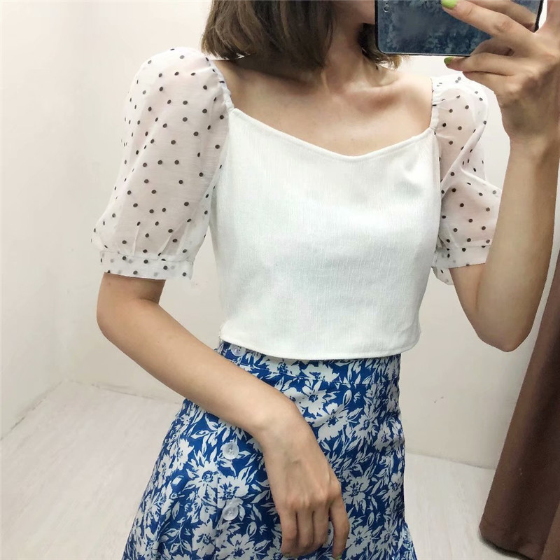 Title 2, All-match Polka Dot Stitching Top Shirt Women