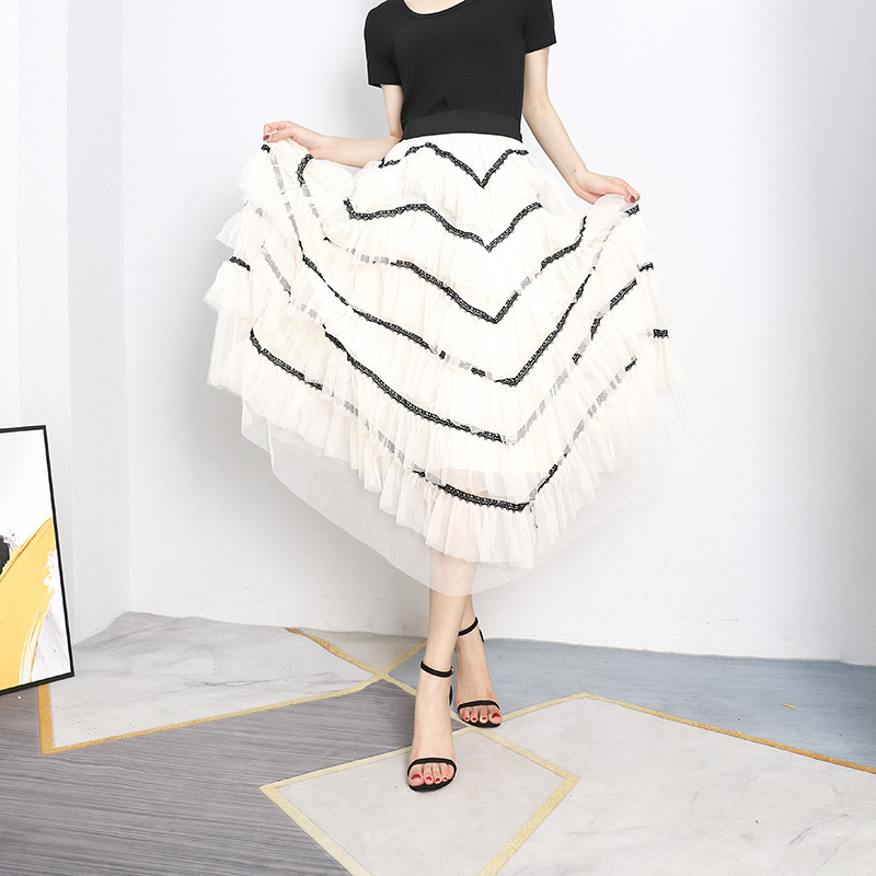 Large Swing Women's High Waist Multi-layer Stitching Lace Mesh Skirt
