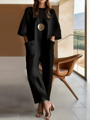 Women's Short-sleeve Long Casual Jumpsuit With A Round Neck And Wide-leg Fit