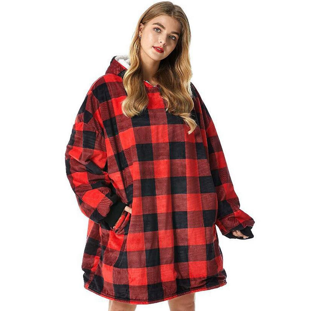 Title 12, New Blue Red Plaid Printed Sweater Hooded Casua...