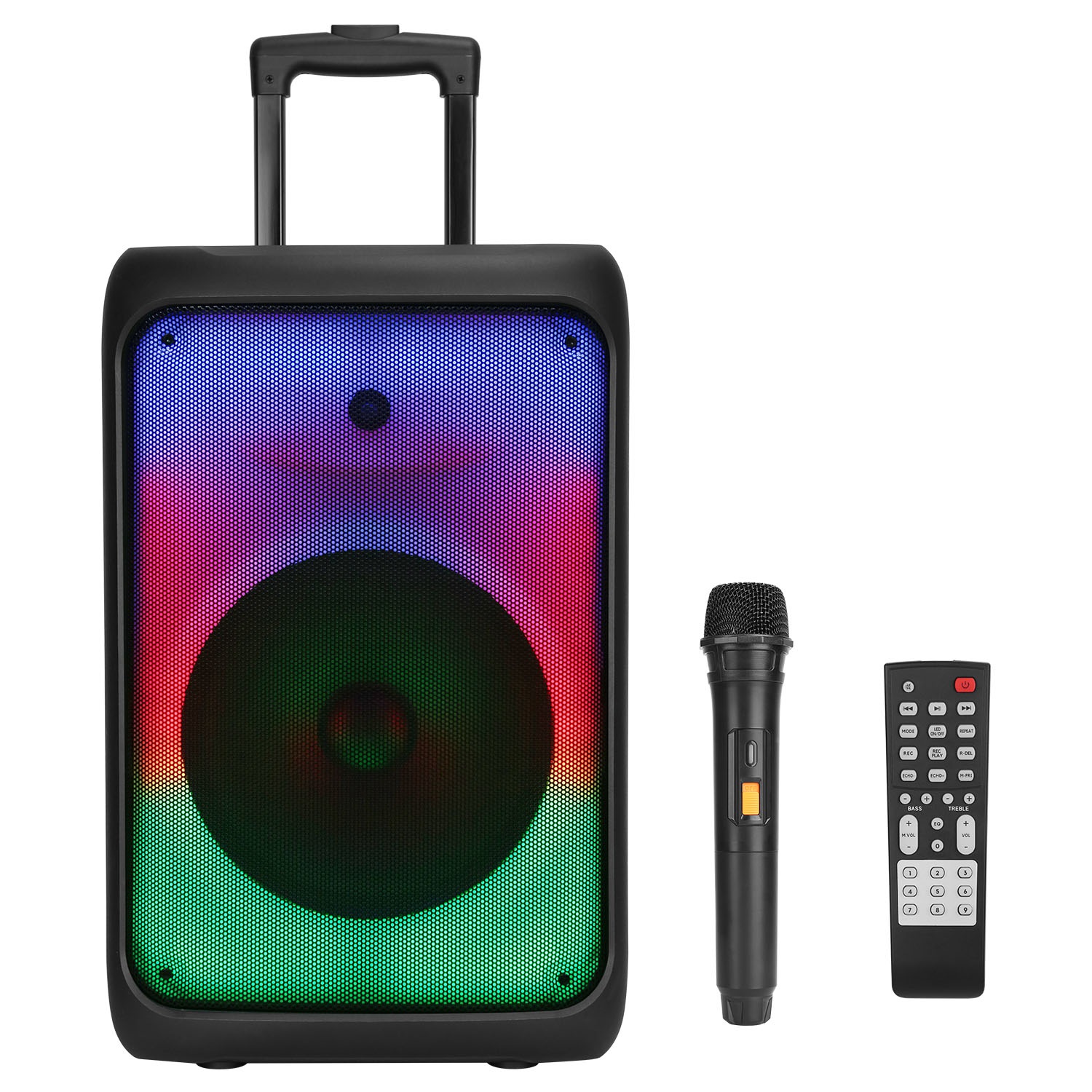 1Pc Portable Wireless Party Speaker Party Speaker With With 5 Colorful Lighting Modes TWS FM USB MMC Slot Aux In Recording Mic Priority Trolley Handle 2 Wheels Remote Control