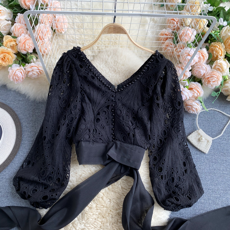 Title 4, Jacket Female Hollow Lace Puff Sleeve Tie Waist...