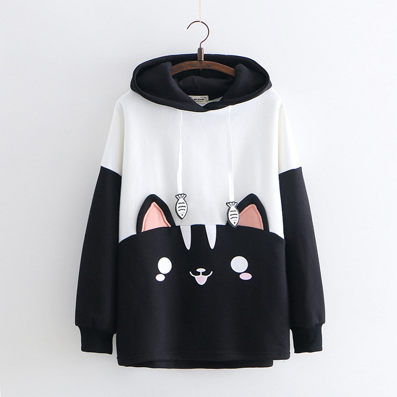 Title 3, Black and white cat eating fish embroidery sweater