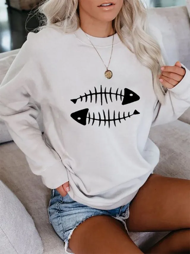 Casual Printed Long sleeved Pullover Loose Round Neck Sweater White - Shop at LoveMi