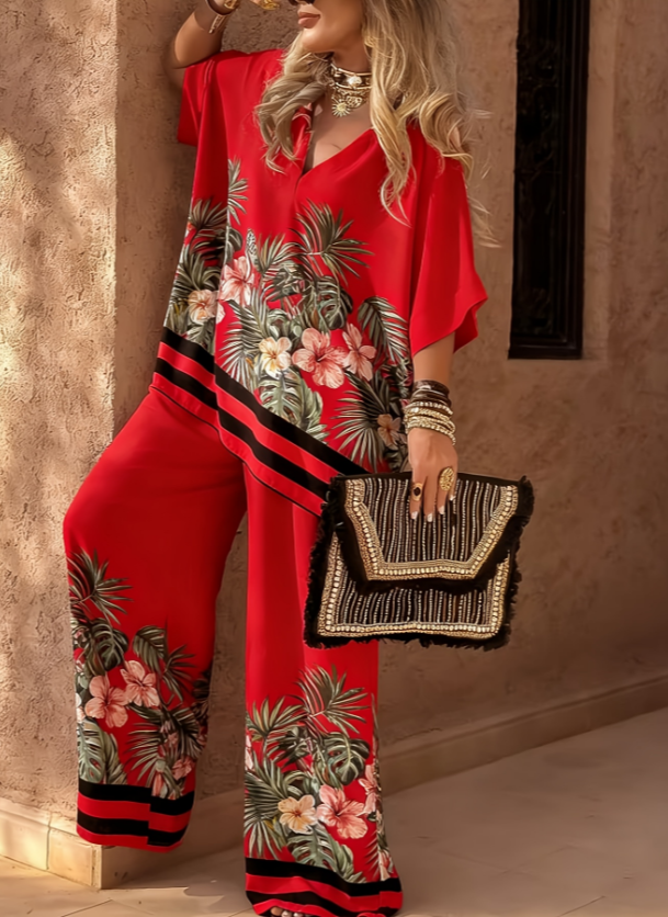 Printed Satin V-Neck Top & Wide-Leg Pants Set