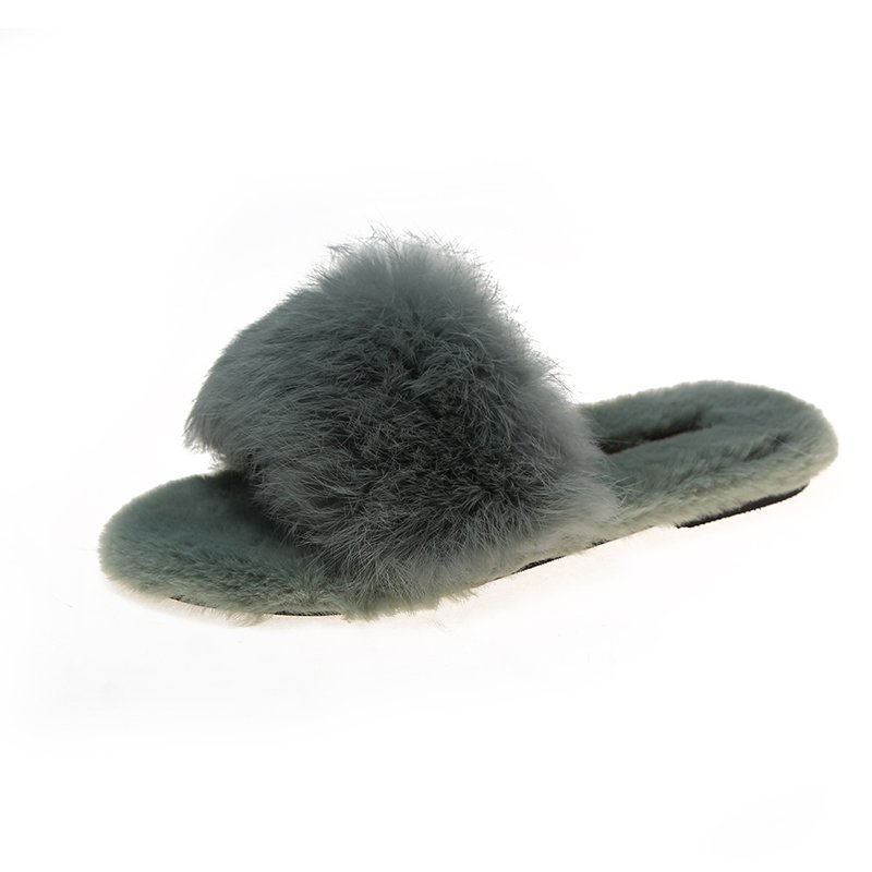 Rabbit Hair Flat Slippers For Women's New Style Green - Shop at LoveMi
