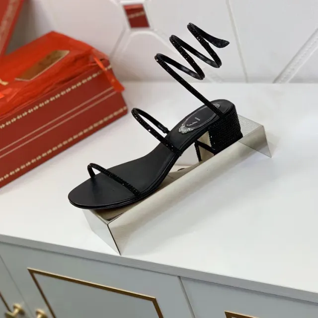 Fairy Wind Snake Wrap Summer High Heel Rhinestone Chunky Heel Women's Shoes Black - Shop at LoveMi