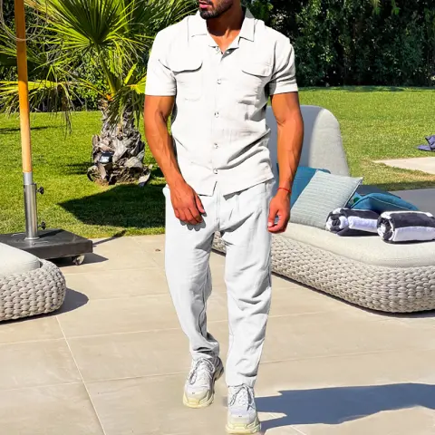 Summer Men's Short Sleeved Shirt Set Loose Casual Cardigan