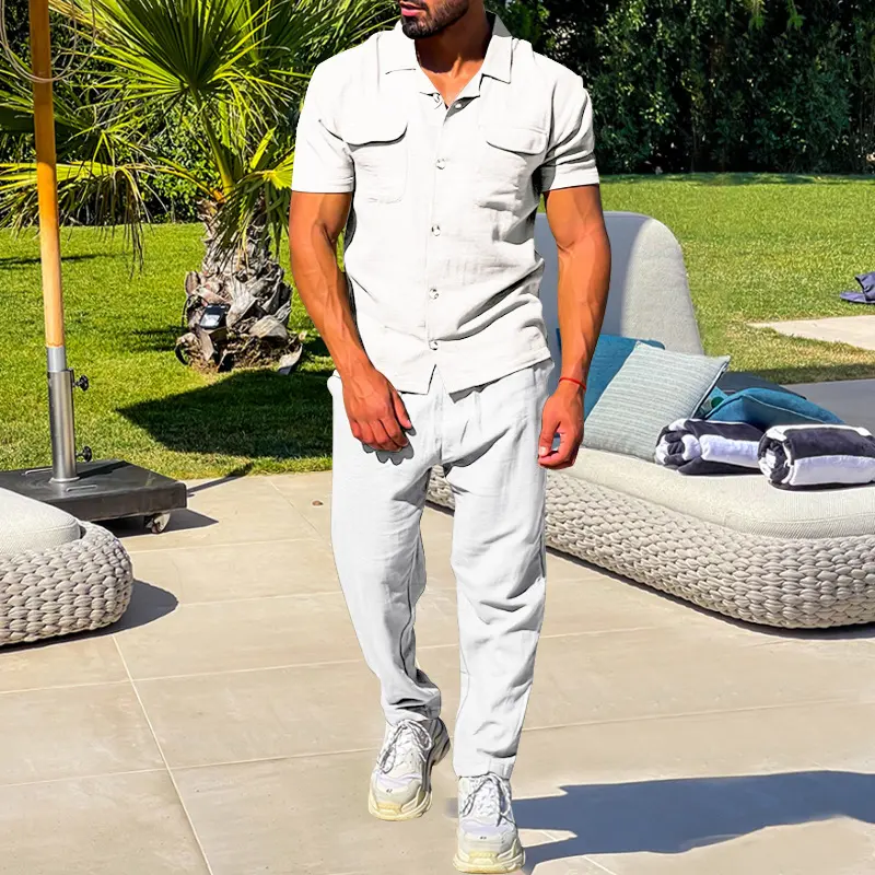 Summer Men's Short Sleeved Shirt Set Loose Casual Cardigan