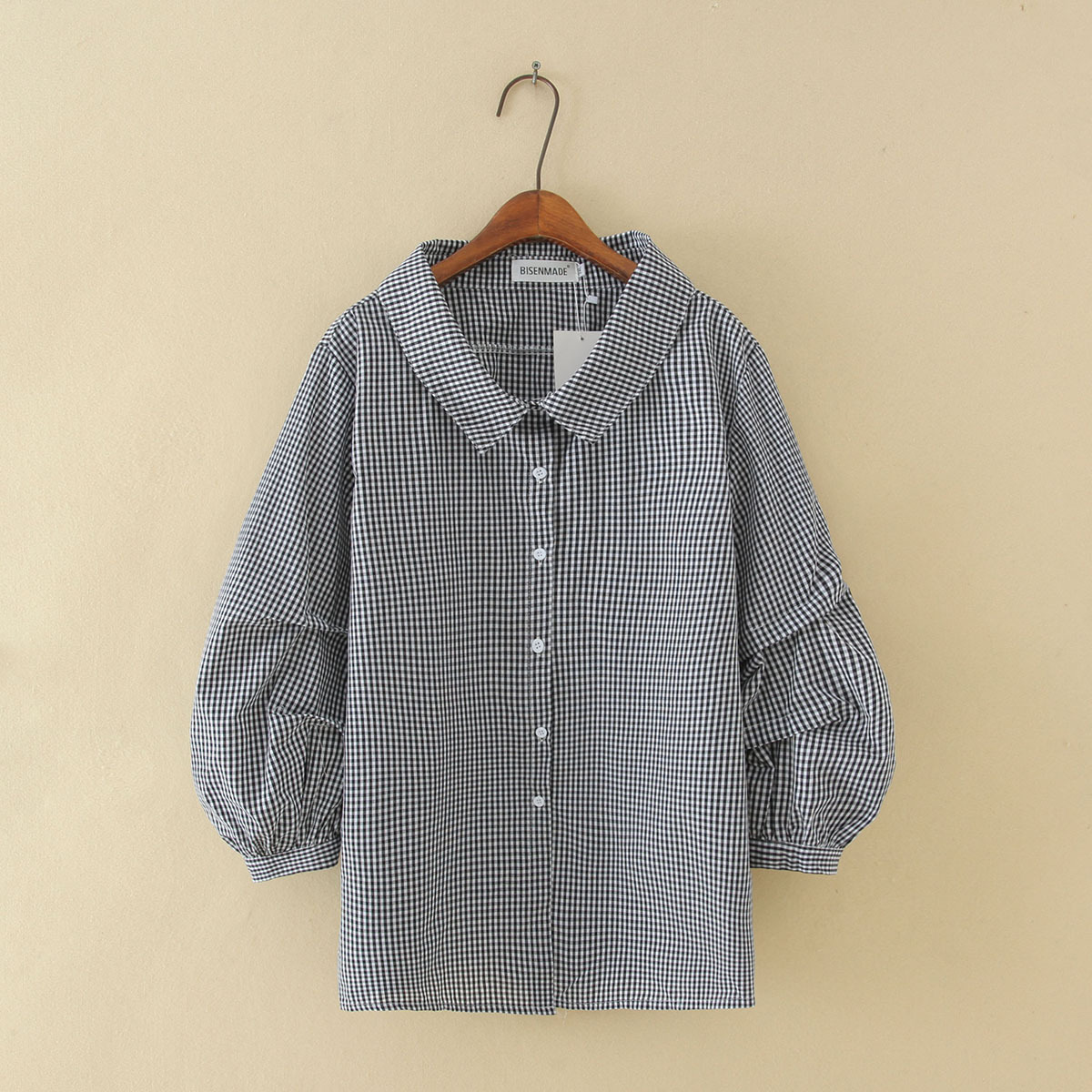 Title 2, Lantern Three-quarter Sleeve Plaid Shirt Top