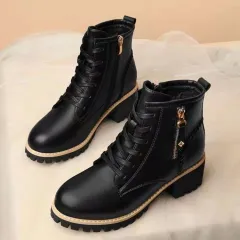 New Winter Fleece Side Zipper Mid-heel Martin Boots - Black - View 1