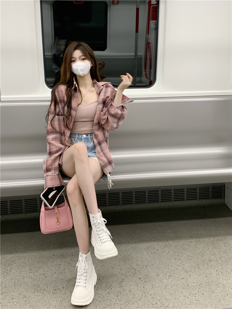 Polo Collar Plaid Shirt Jacket Women's