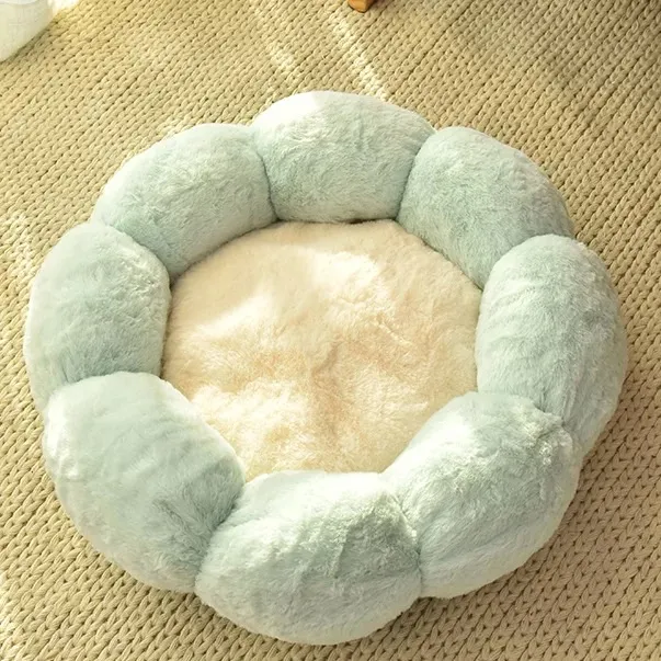 Autumn Winter Plus Velvet Thick Round Flower Cat Litter Kennel Verdant Beige - Shop at LoveMi