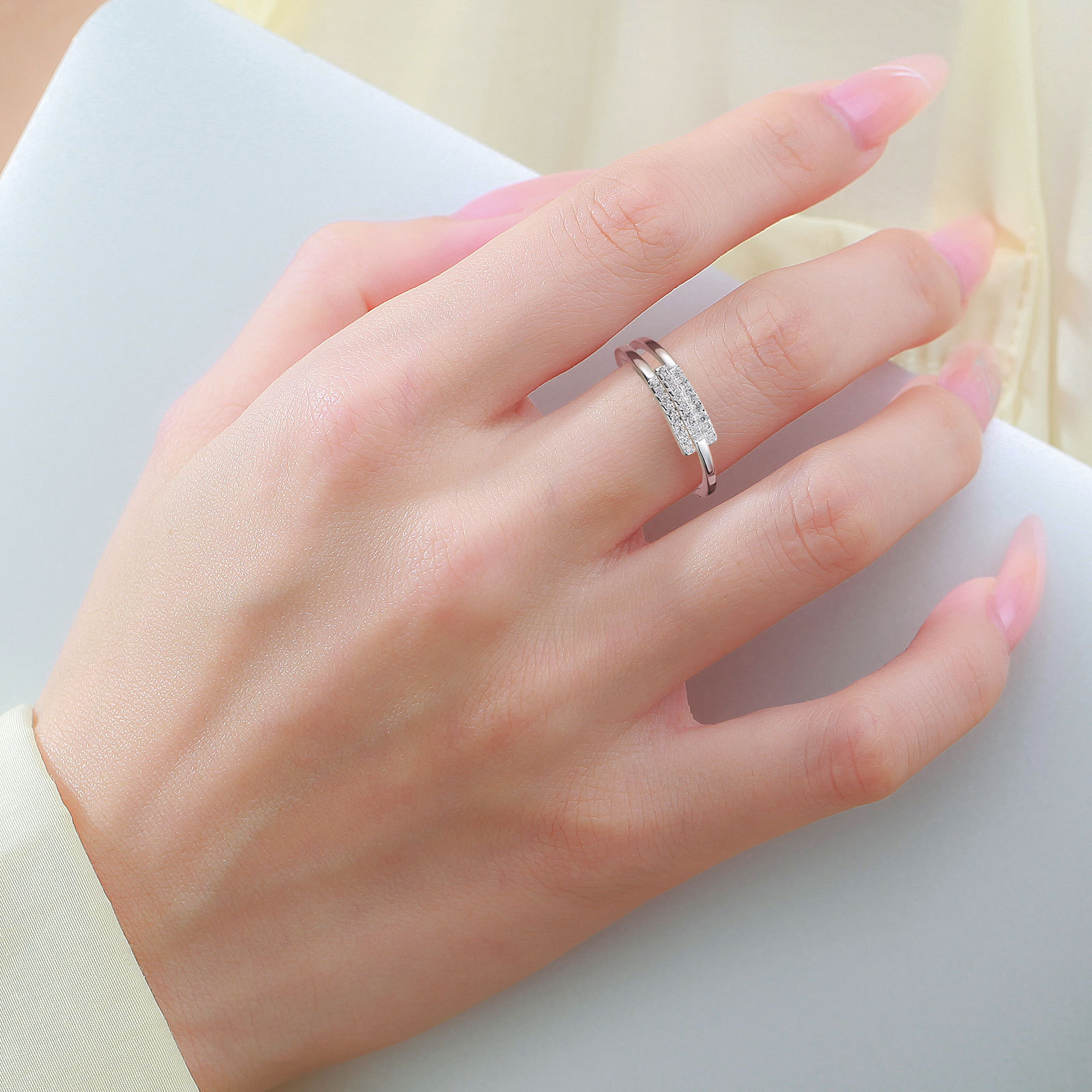 S999 Sterling Silver Three-layer Zircon Ring Cold Style Adjustable Women Band