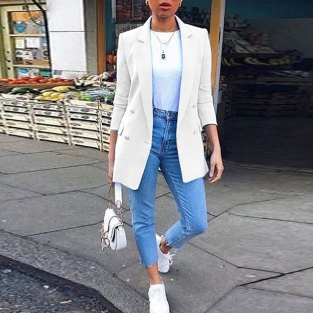 Women's Fashion Lapel Cardigan Mid length Temperament Suit Jacket White - Shop at LoveMi