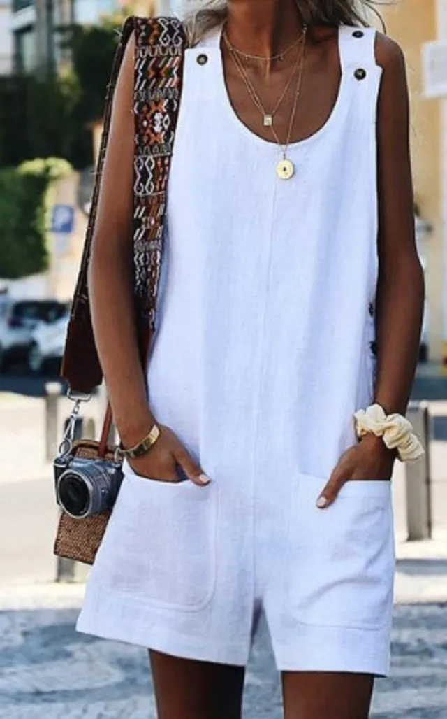 Summer New Style Women Pocket Button Cotton And Linen Strap Button Jumpsuit White - Shop at LoveMi