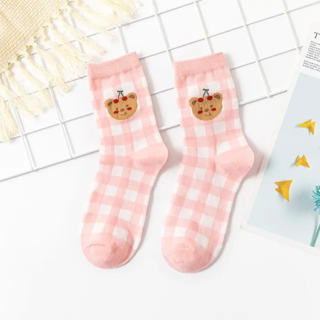 Lovely Sweet Bear Rabbit Cotton Socks Pink Checkered Bear - Shop at LoveMi