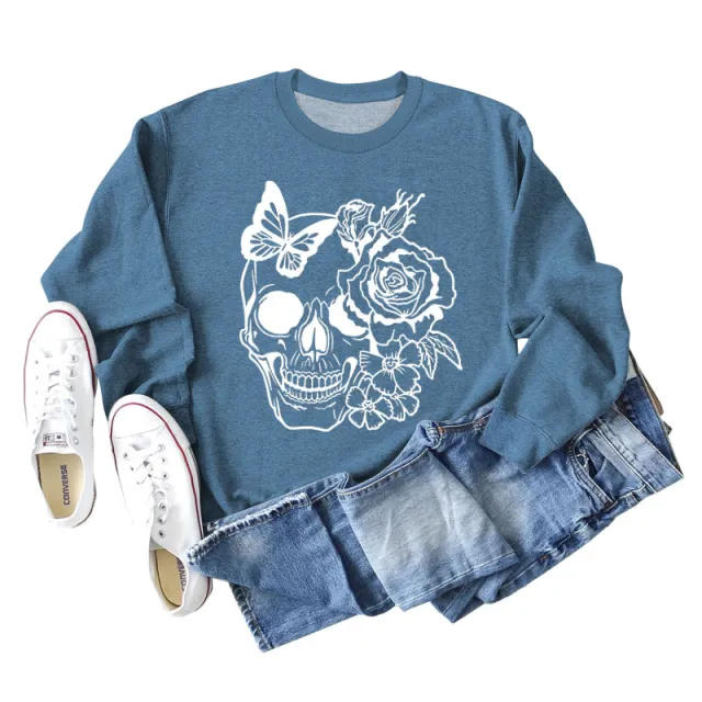 Women's Skull Butterfly Long Sleeved Sweater Blue - Shop at LoveMi