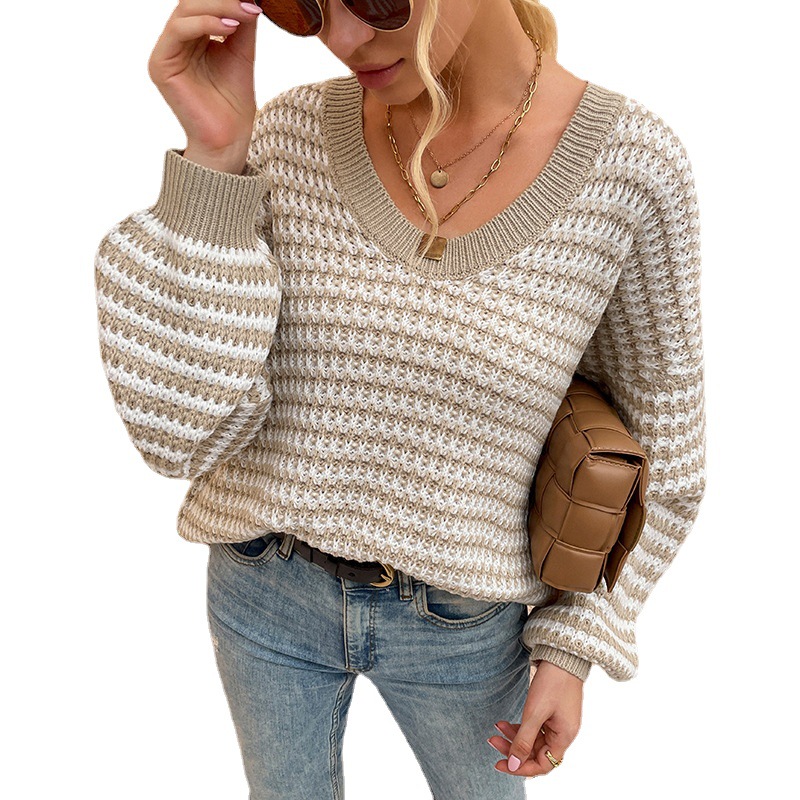 Fashion V Neck Sweater Pullover Striped Ladies