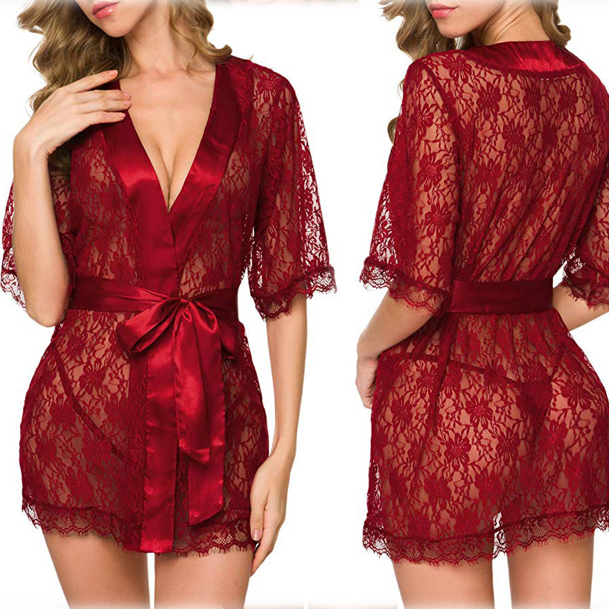 Title 3, Lingerie Women Lace Hollow-out Robe Suits Pajamas