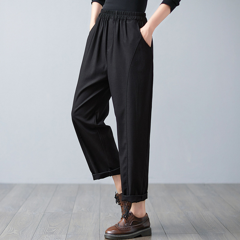 New Literary Retro Cotton And Linen Harem Pants Women Elastic Waist