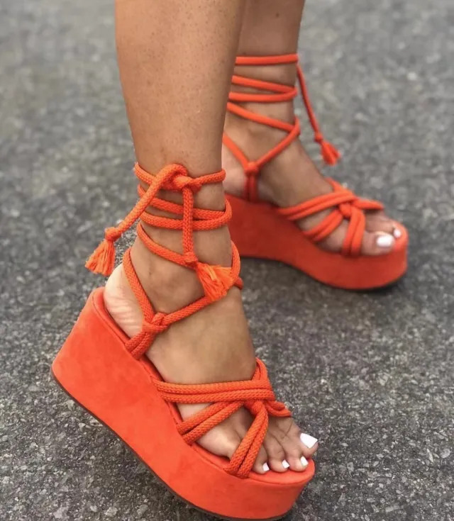 Summer Women Wedges Shoes High Heel Strappy Sandals Orange - Shop at LoveMi