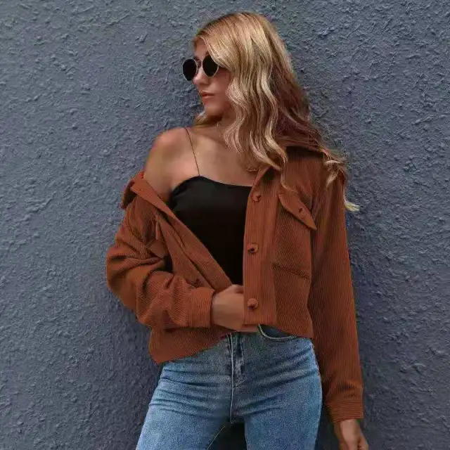 New European And American Fashion Corduroy Shirt Jackets In Stock Women's Clothing Khaki - Shop at LoveMi