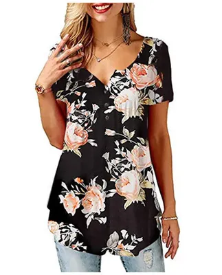 Printed V neck T shirt Cross border European And American Women's Short Sleeves 869White Flower - Shop at LoveMi