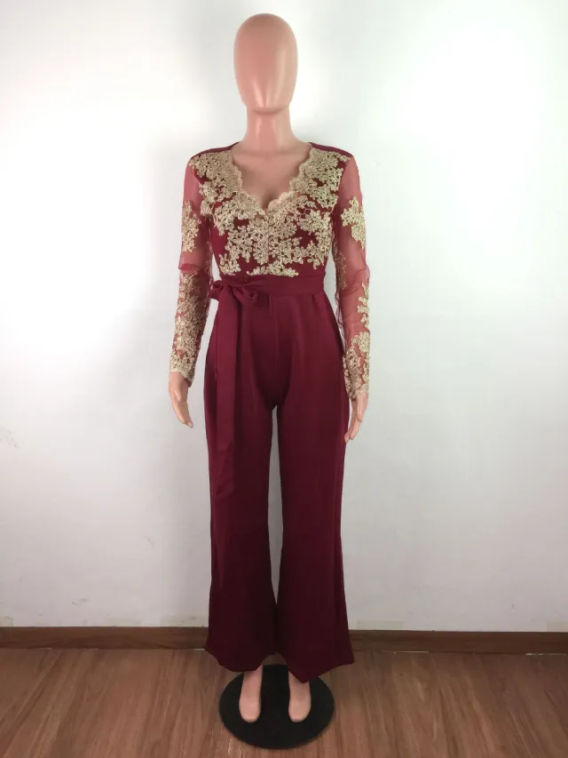 Autumn And Winter Hot selling Women's Casual Ladies Water soluble Lace V neck Long sleeved Wide leg Jumpsuit Red - Shop at LoveMi