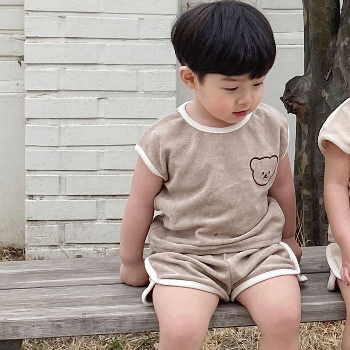 Children's Bear Print Short Sleeve Casual Shorts Set