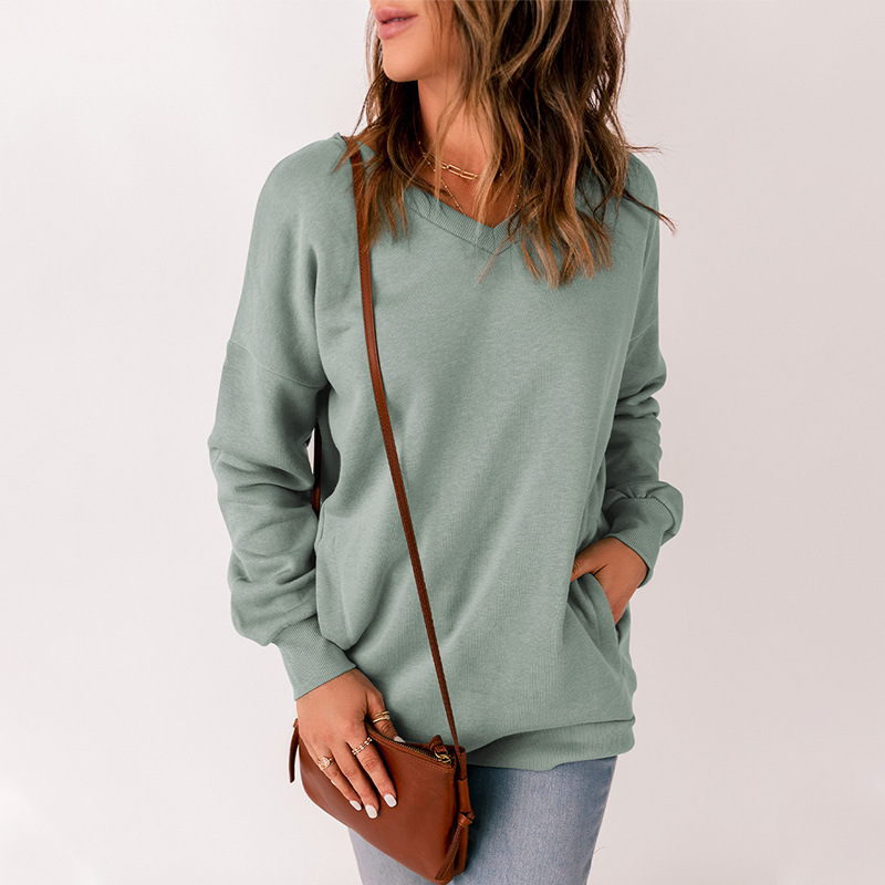 V Neck Pocket Long Sleeve Pullover Loose Sweater Women