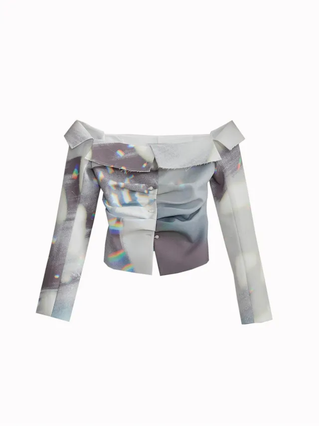 Ladies Designer Natural Light And Shadow Print Caution Machine Shirt White - Shop at LoveMi