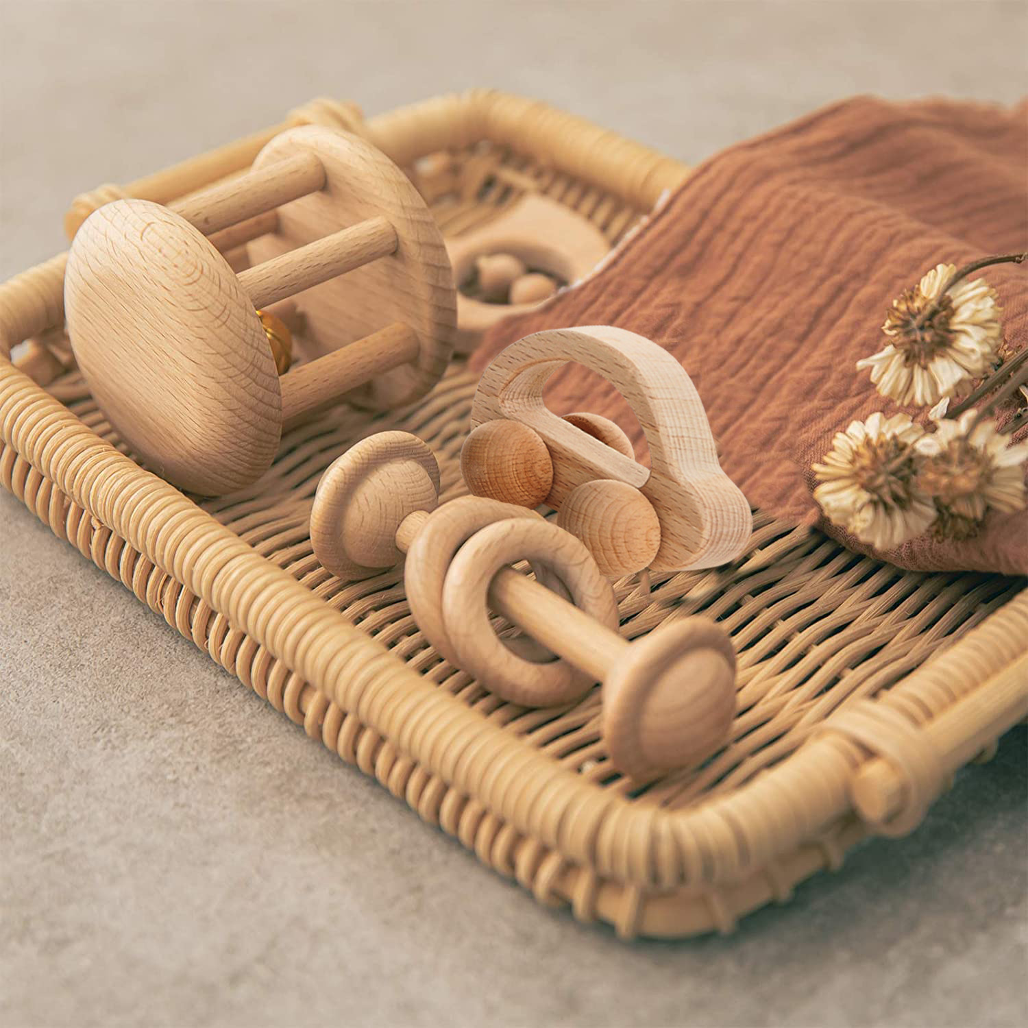 Natural Wooden Baby Rattle and Car Toy Set for Intellectual Development - MAMTASTIC