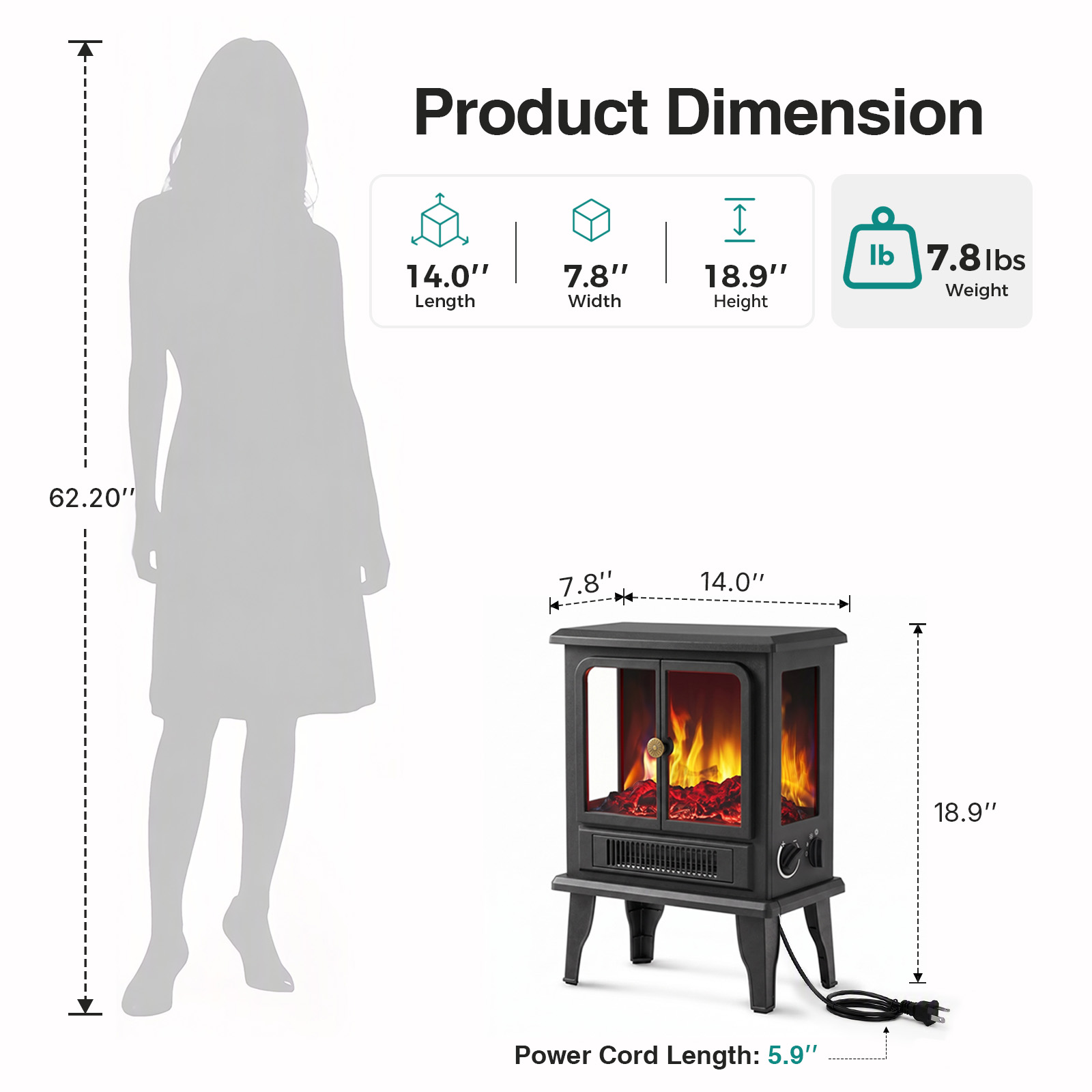 Electric Fireplace Heater, 26 Freestanding Electric Fireplace Stove With 3D Flame Effect image 6