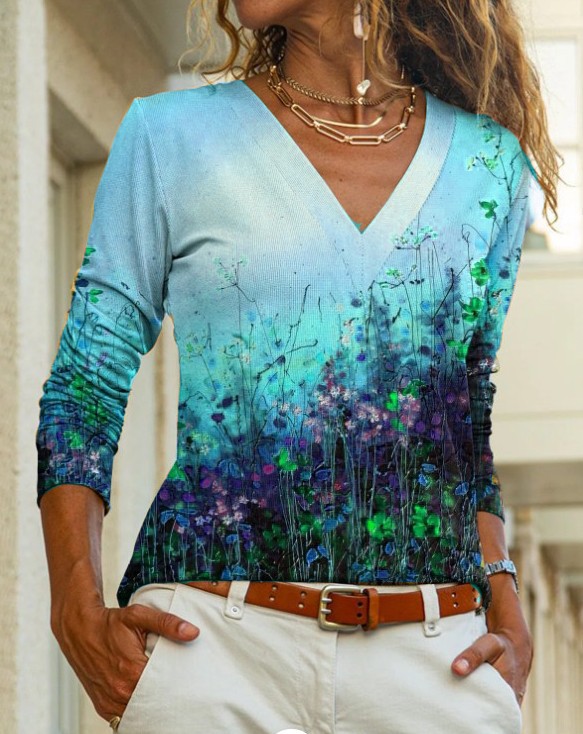 Title 5, New Printed V-neck Long-sleeve T-shirt For Women