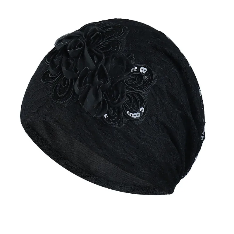 Casual Thin Lace Flower Pullover Hat - Black