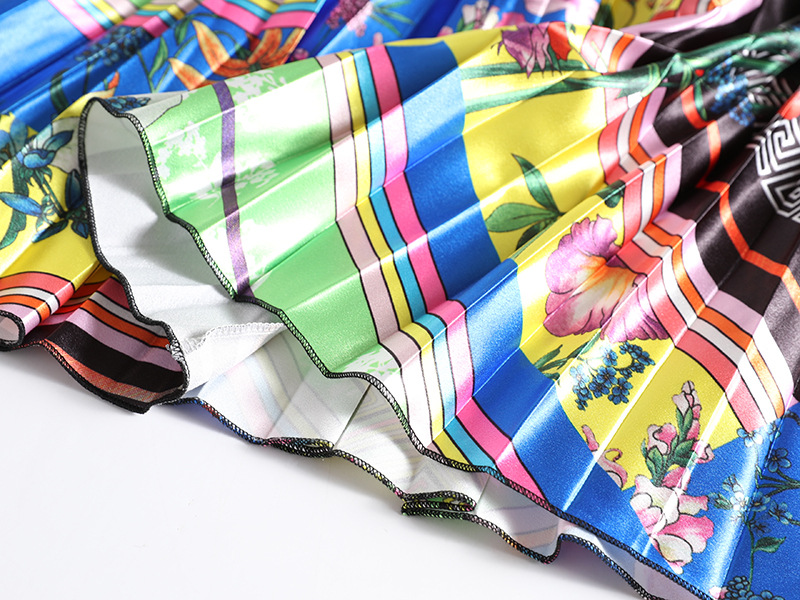 Elastic Waist Pleated Skirt Printed Mid-length Skirt Pleated Large Hem A-line Skirt