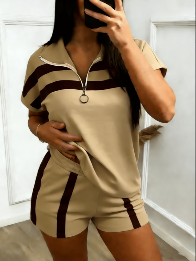 Khaki Brown Stripe Half Zip Collar Short Sleeve Top Elastic Waist Shorts 2 Piece Casual Outfit Set