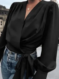 Women's Bubble Long-sleeved Loose Shirt - Black - View 1