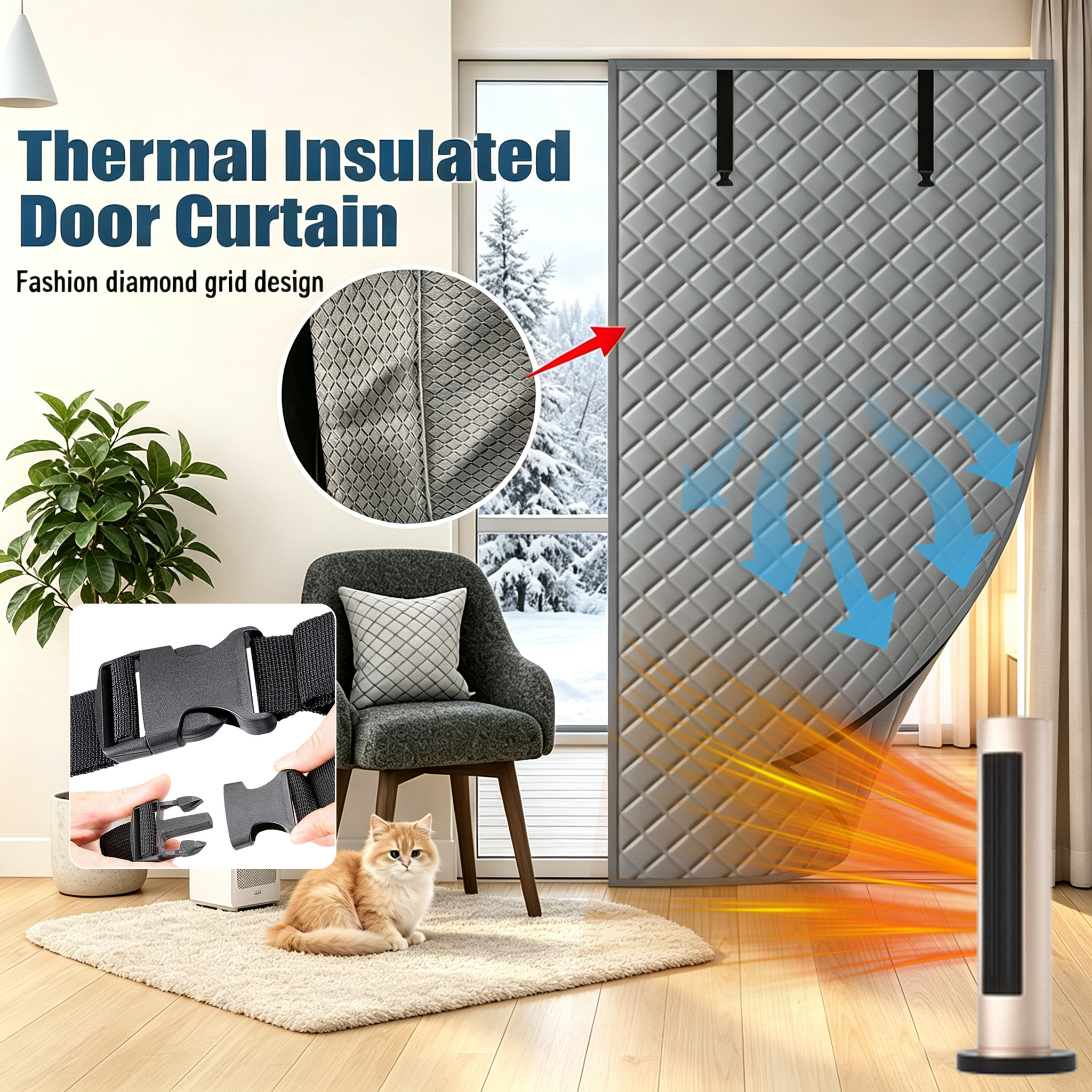 Roll-up Thick Insulated Door Curtain, Block Cold Wind Save Heating Cost, Dual Installation Windproof Thermal Door Drape For Yard Home Garage Balcony