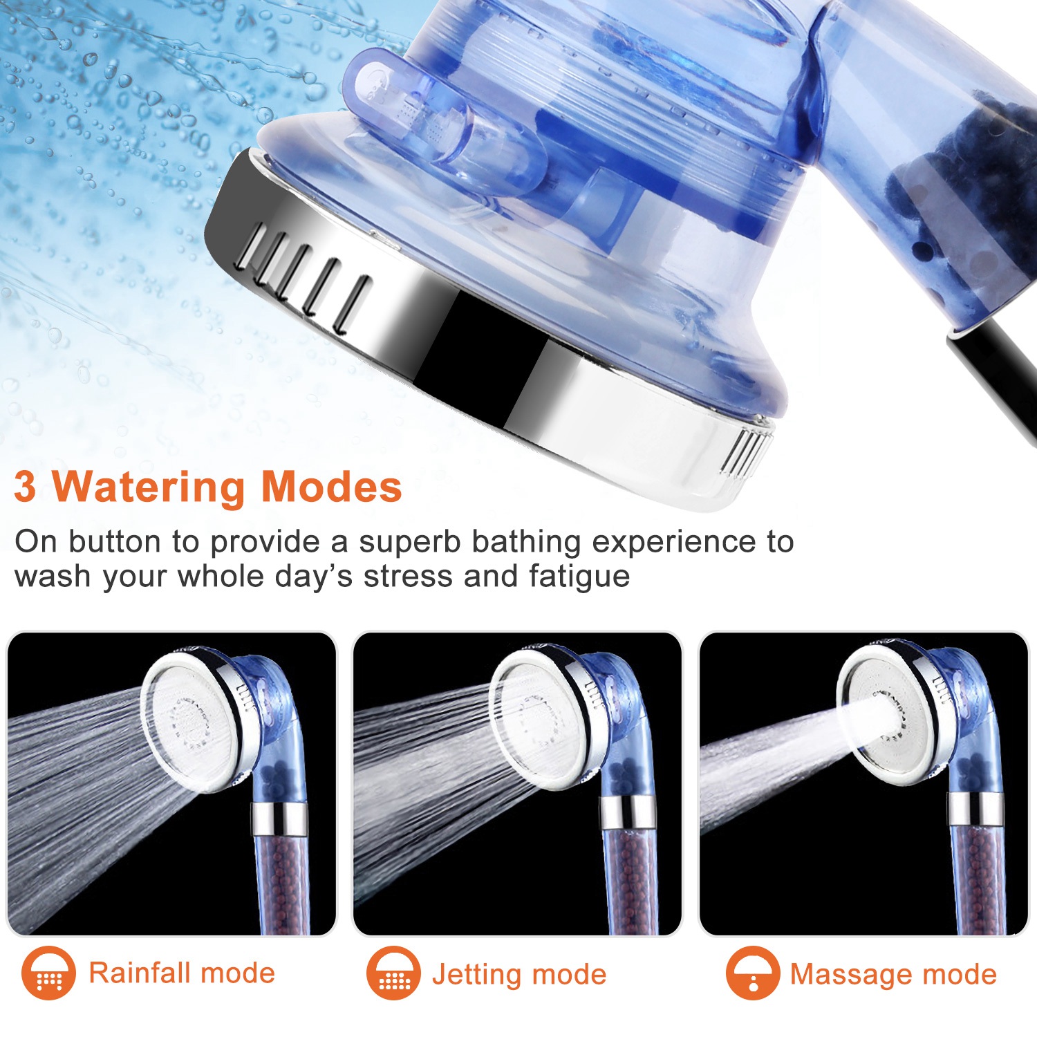 1Pc Ionic Filtration Shower Head High Pressure 3 Mode Stone Water Saving Bath Handheld Shower_voghion.com