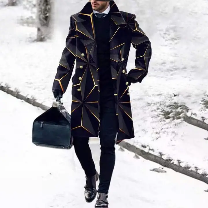Casual Geometric Printing Trench Collar Double Breasted Black Coat