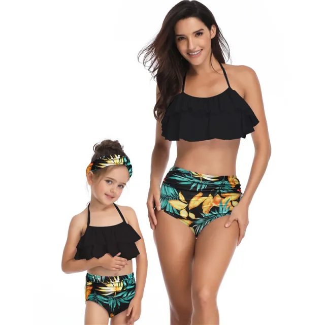 Parent child Swimsuit Printed High Waist Bikini Ruffled Mother And Daughter Swimwear Yellow - Shop at LoveMi
