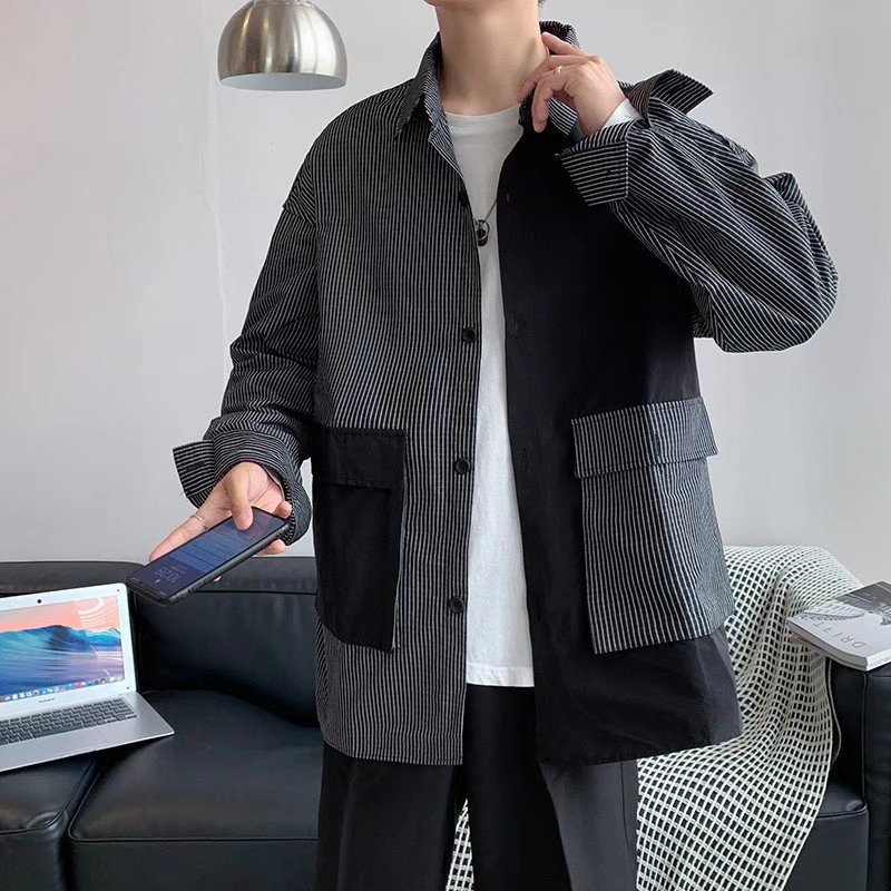 Patchwork Contrast Loose Long Sleeve Men's Shirt