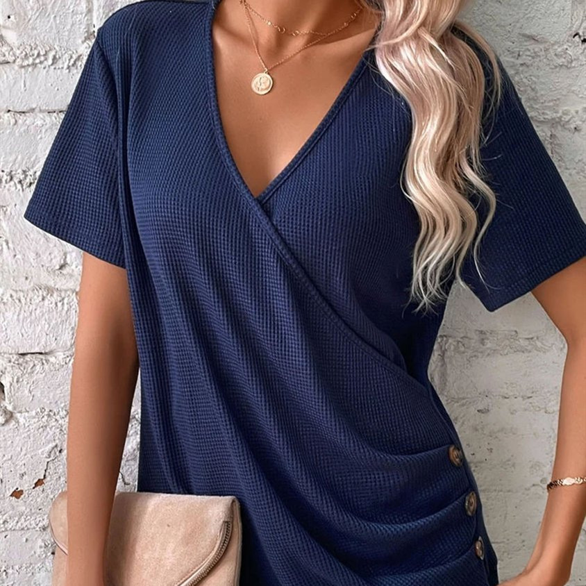 Women's Casual Short-sleeved V-neck Solid Color T-shirt