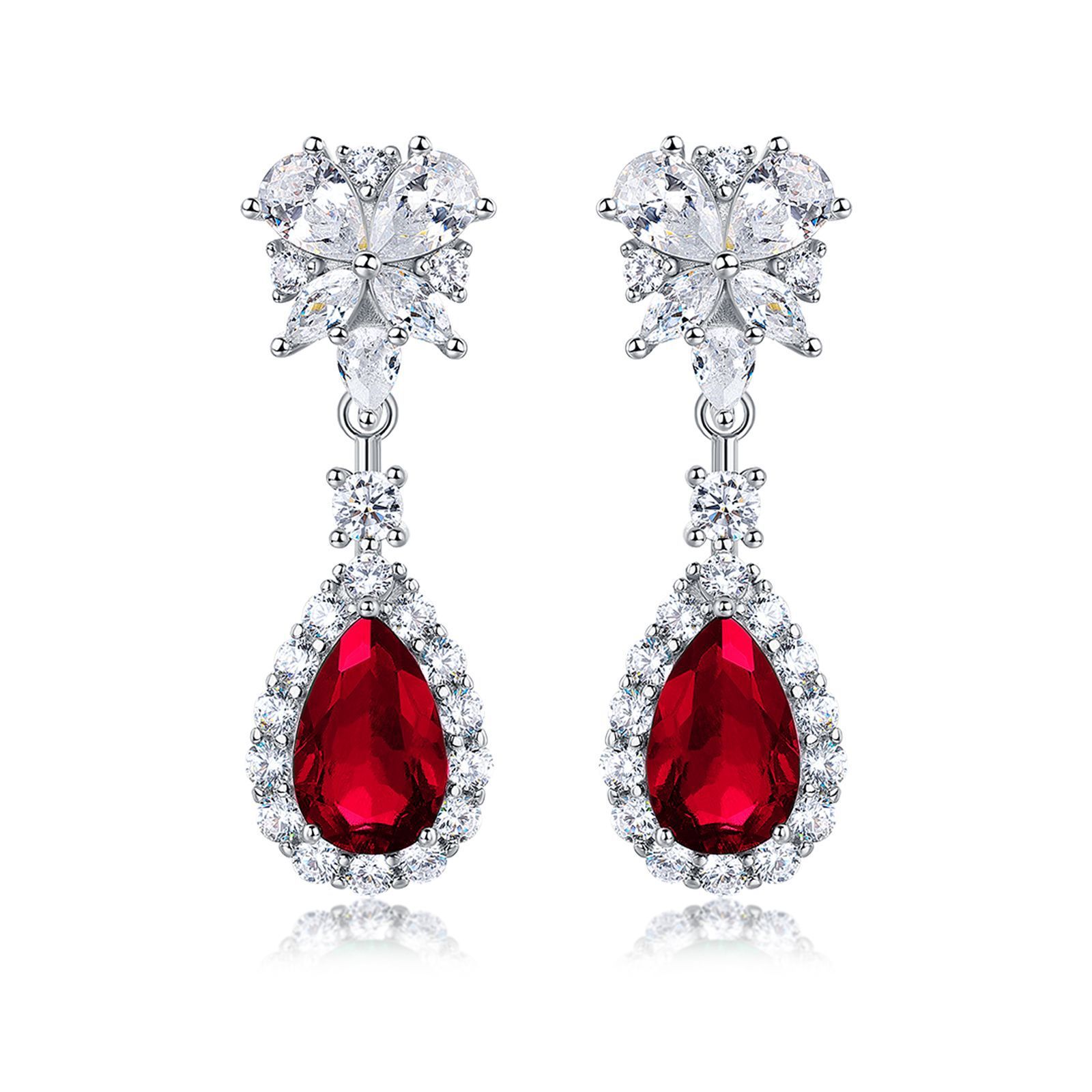S925 Sterling Silver Teardrop Dangle Earrings, 7x11mm Lab-Grown Ruby Sapphire Emerald, Platinum Plated 4.5g Women's Jewelry Gift Box