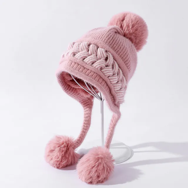 Color blocking Twist Three hair Ball Ear Protection Wool Hat Pink - Shop at LoveMi