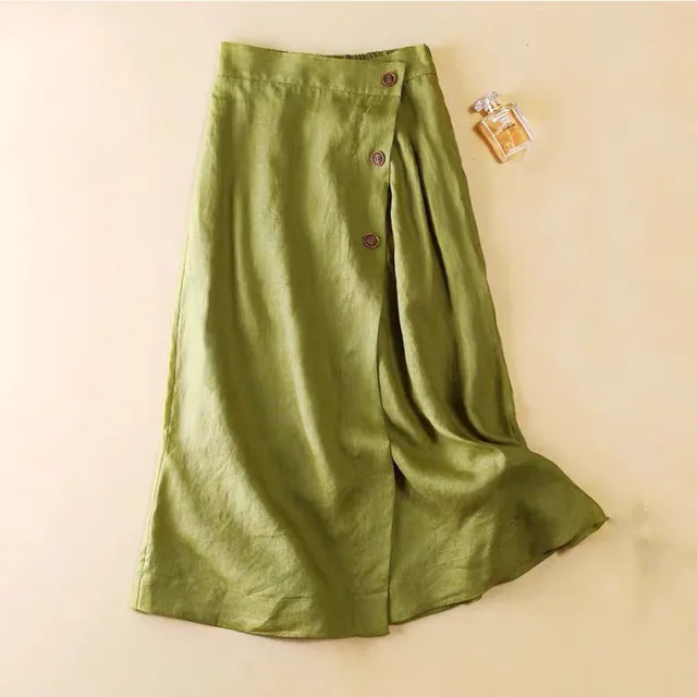 Women's New Casual Cotton Linen Medium Long Elastic Waist Skirt Green - Shop at LoveMi