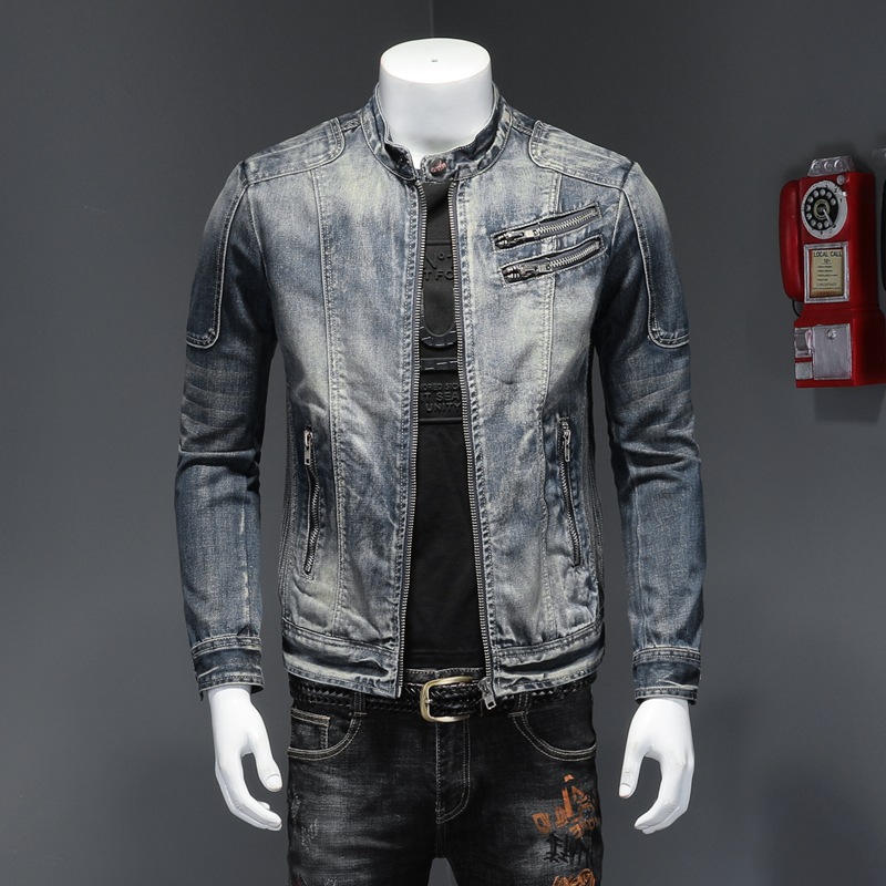 Slim-fit Stand-collar Zipper Harley Motorcycle Denim Men's Jacket