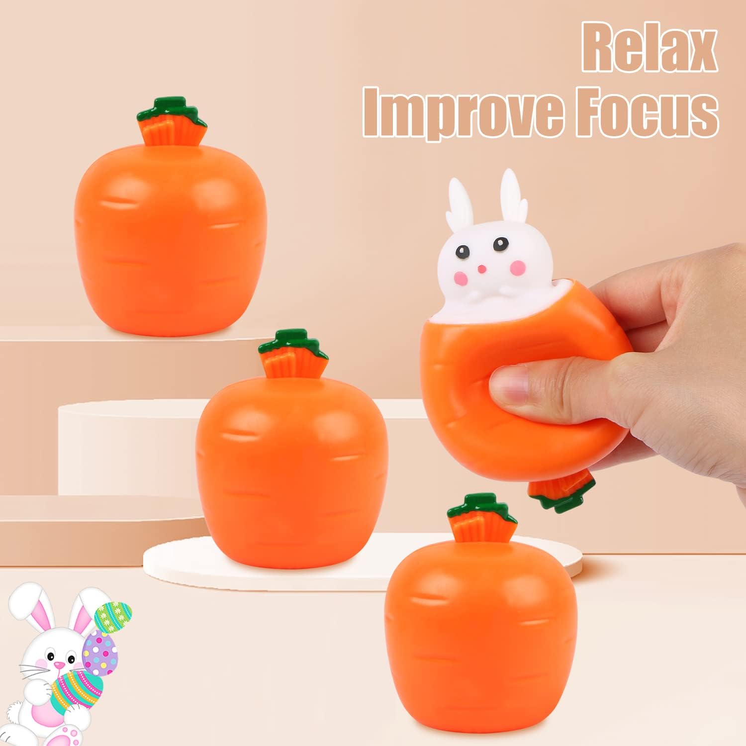 4 Pack Carrot Rabbit Squeeze Stress Balls, Bunny Sensory Fidget Toys, TPR Stress Relief Toys For Kids Adults, Easter Birthday Party Favors For ADD ADHD OCD 5